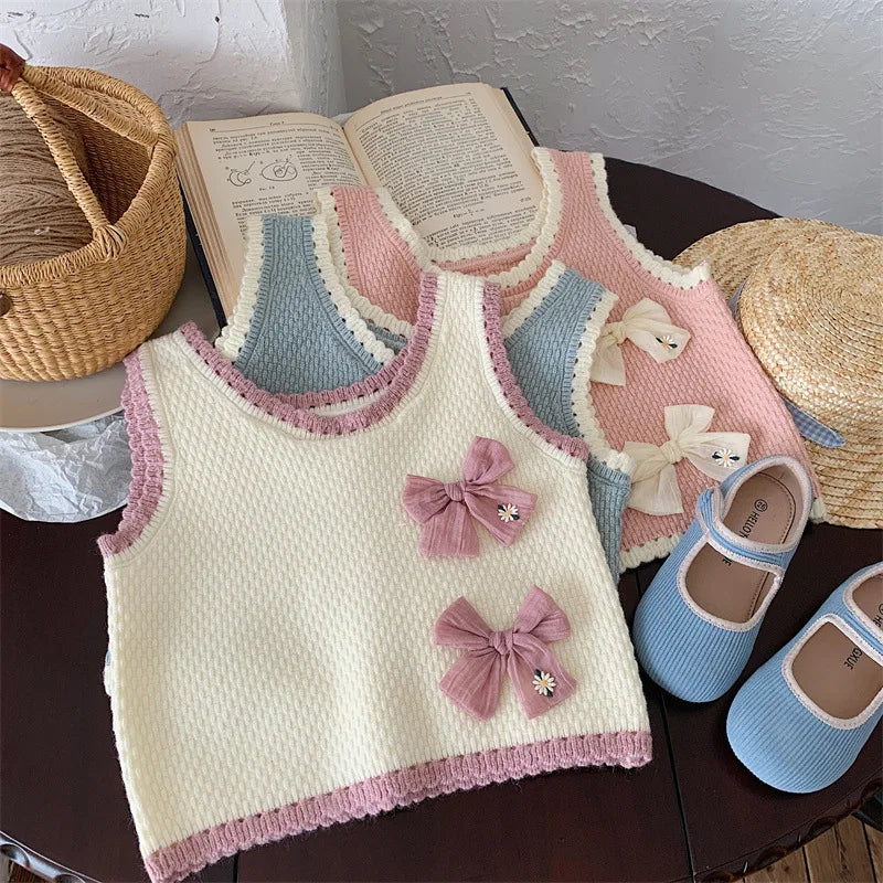 MQTIME  -  2024 Spring Children Girl Vest Korean Knotbow Toddler Girl Sweater Tank Top Spliced Loose Knitted Sleeveless Baby Girl Pullovers