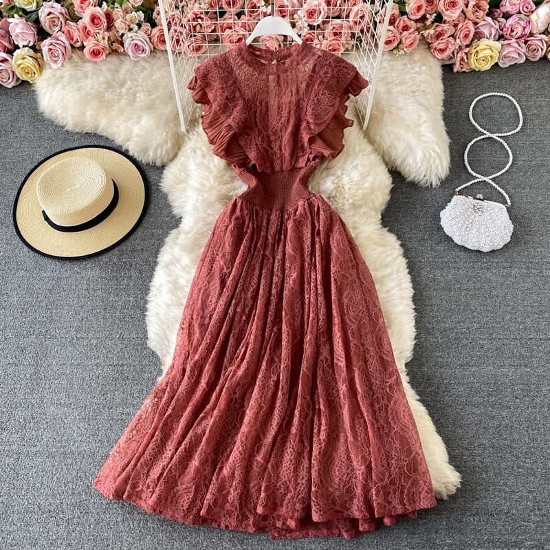 nvxiot Korean Style Dress for Women Lace Round Neck Ruffle Sleeveless Streetwear Fashion Elegant Ladies Women's Skims Dresses Vestidos