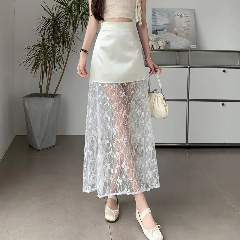 nvxiot  -  2024 Summer Commuter Korean Half Skirt High Waist Lace Slim Hook Flower Style New Solid Color Sexy Long Skirt for women