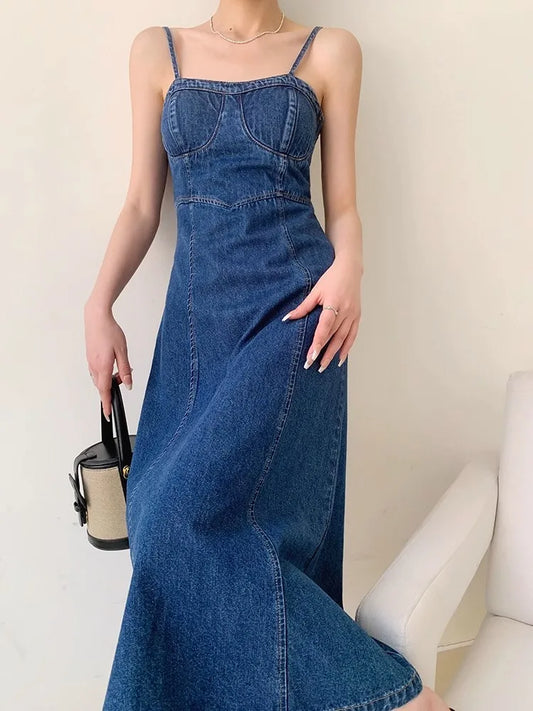 nvxiot  -   French Denim Camisole Dress For Women'S Summer Retro Washed High-Quality Fabric Design, Slim Slit Long Skirt