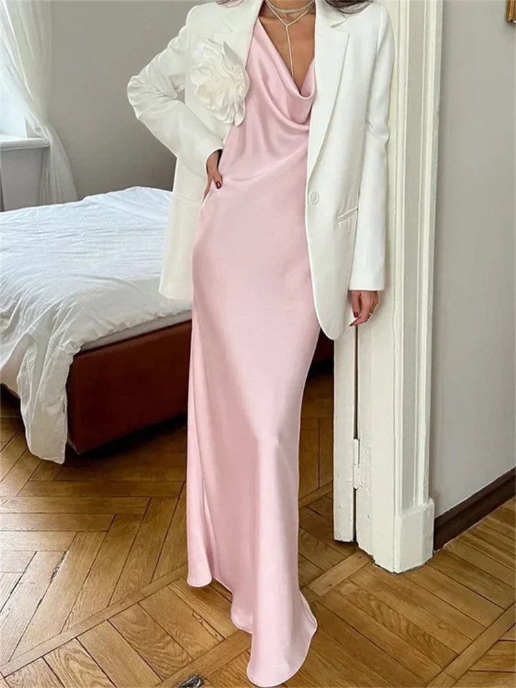 nvxiot  -  Satin Backless Fashion Long Dress Women's Lace-Up Elegant Autumn 2024 High Waist Solid Dress Female Bandage Party Dress