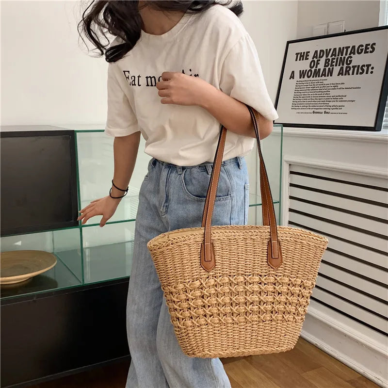 MQTIME  -   Summer Beach Large Capacity Handbags For Women Retro Beige Khaki Straw Weave Tote Bags Fashion Casual Shopping Shoulder Bag 2024