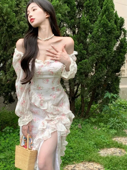 nvxiot Elegant Slash Neck Floral Dress Women Ruffles High Split Long Sleeve French Vintage Evening Party Vestidos Korean Clothing