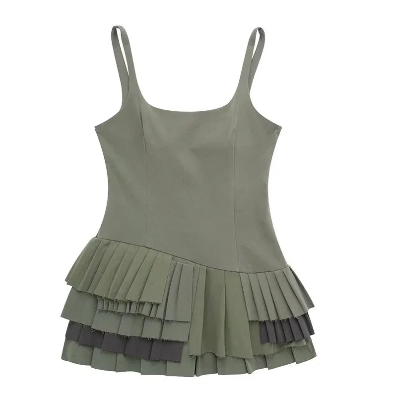 MQTIME  -  Elegant Pitch Green Slip Dress for Women Fashion Square Collar Sleeveless Mini Dresses Female Chic Summer Lady Pleated Vestidoes