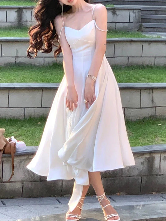 nvxiot  -  Elegant Diamond Chain Satin Dress Women Slim A-line Vintage Evening Party Dresses Ladies Summer Beach Long Robe