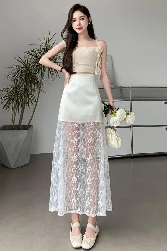 nvxiot  -  2024 Summer Commuter Korean Half Skirt High Waist Lace Slim Hook Flower Style New Solid Color Sexy Long Skirt for women