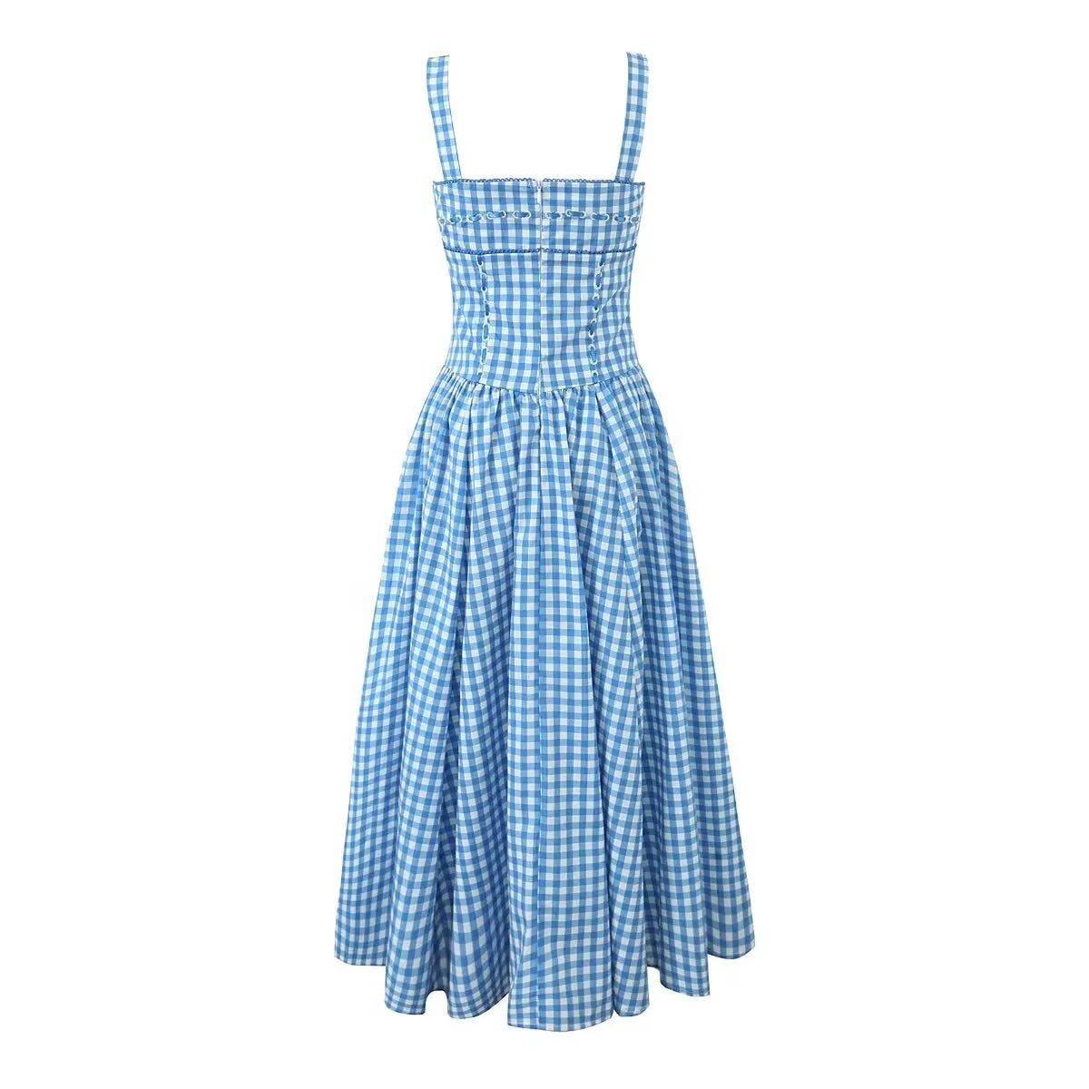 MQTIME  - Summer Fashion Atmosphere Retro Blue Plaid Flap Pocket Pants Suspender Long European And American Style Street Design Dress