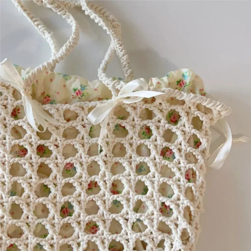 nvxiot  -  Fairycore Floral Straw Bag Purse Women Summer Holiday Large Capacity Woven Handbag Ladies Retro Cute Beach Bag Aesthetic