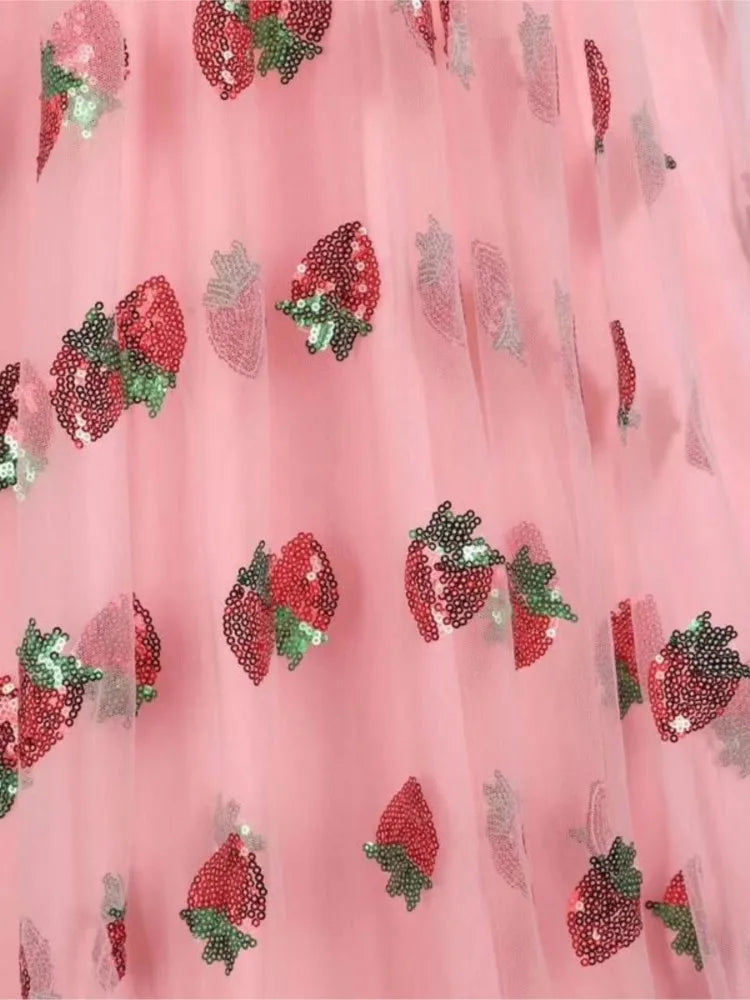 nvxiot- Strawberry Fairy Dress Women Deep V Puff Sleeve Sweet Voile Mesh Sequins Embroidery French Evening Party Dresses