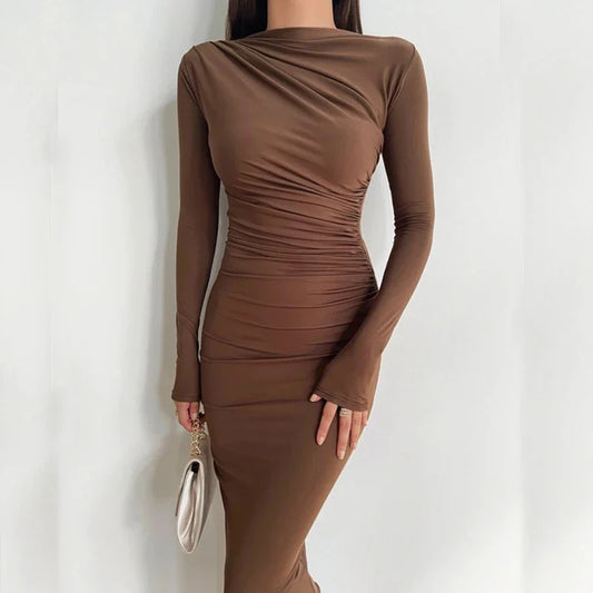 nvxiot Spring O-Neck Slim Bodycon Solid Maxi Dress 2024 Lady Simple Sexy Tight Party Dresses Women Elegant Full Sleeve Folds Long Dress