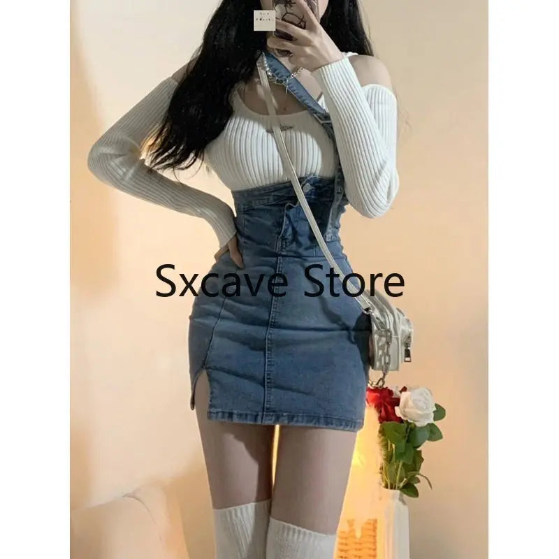 nvxiot 2024 Autumn Casual Knitted Suits Women Y2k Sweater + Fashion Jean Dress 2 Piece Dress Set Korean Fashion Clothing Chic