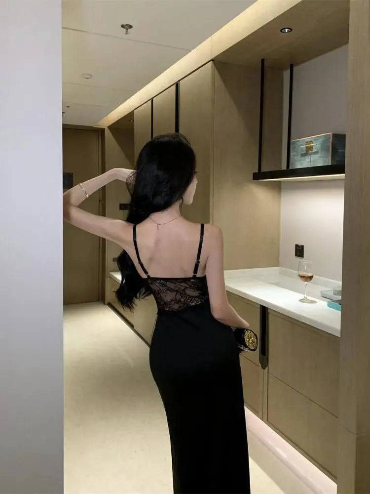 nvxiot  -  Summer Retro Black Sleeveless Sex Club High Split Slip Long Dress 2024 Fashion Women Elegant Backless Evening Party Lace Dresses
