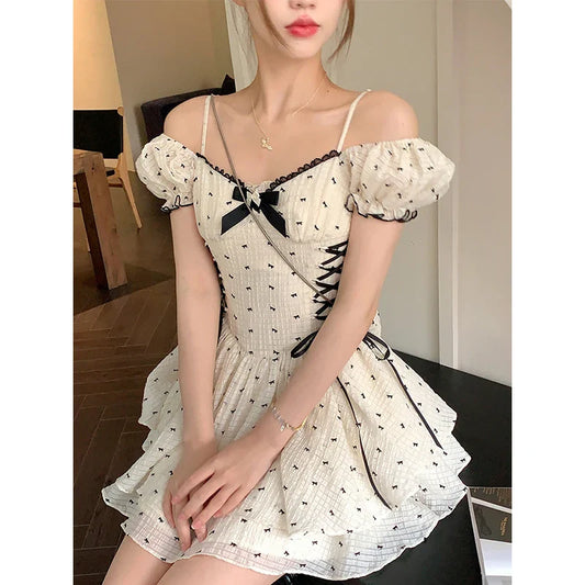 nvxiot  -  Summer Korean Fashion Lace Fairy Dress Women Square Collar Princess Kawaii Floral Print Dress Female Bandage Sweet Dresses 2024