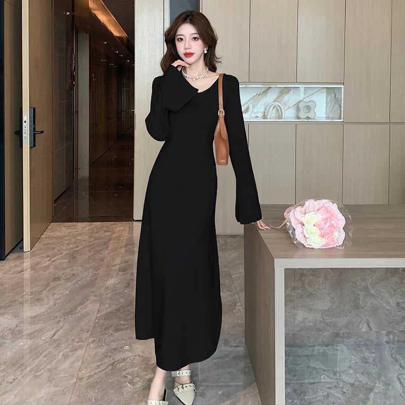 nvxiot-Solid Vintage Knitted Bottoming Dress for Women Autumn Winter Fashion Slim Waisted Simple Elegant Party Birthday Dresses