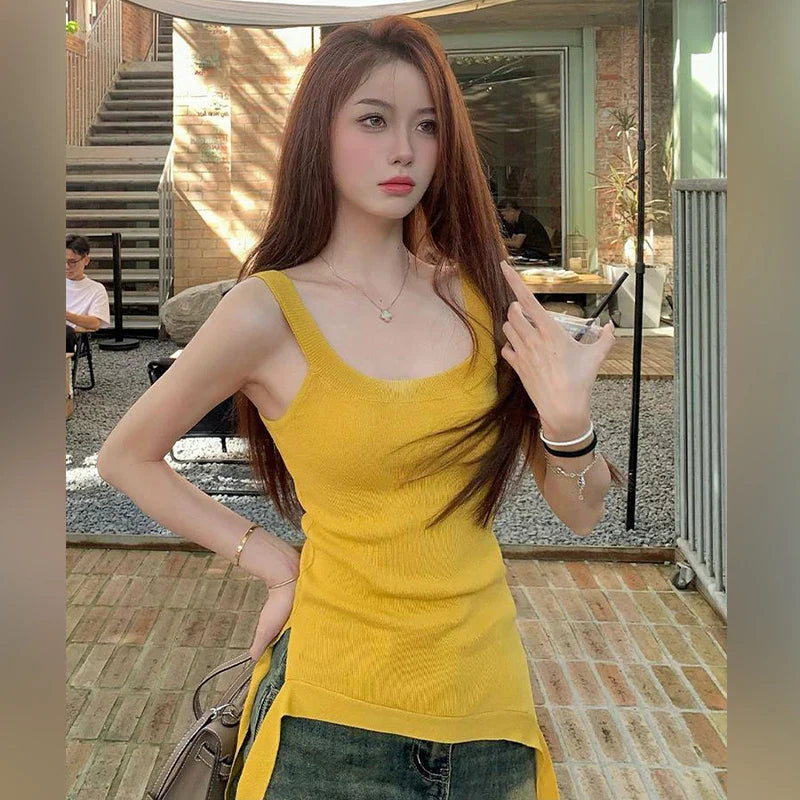 nvxiot  -  Spicy Girl Dopamine Wears Beach Sling, Knitted Sleeveless Vest, Women's Summer, Ginger, Yellow, Irregular Top, New, 2024