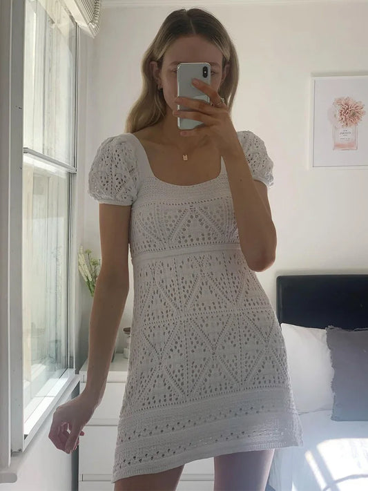 nvxiot Vacation Summer Dress Women Short Puff Sleeve Casual Crochet Knitted Mini Dress Square Neck Vintage Elegant White Dress