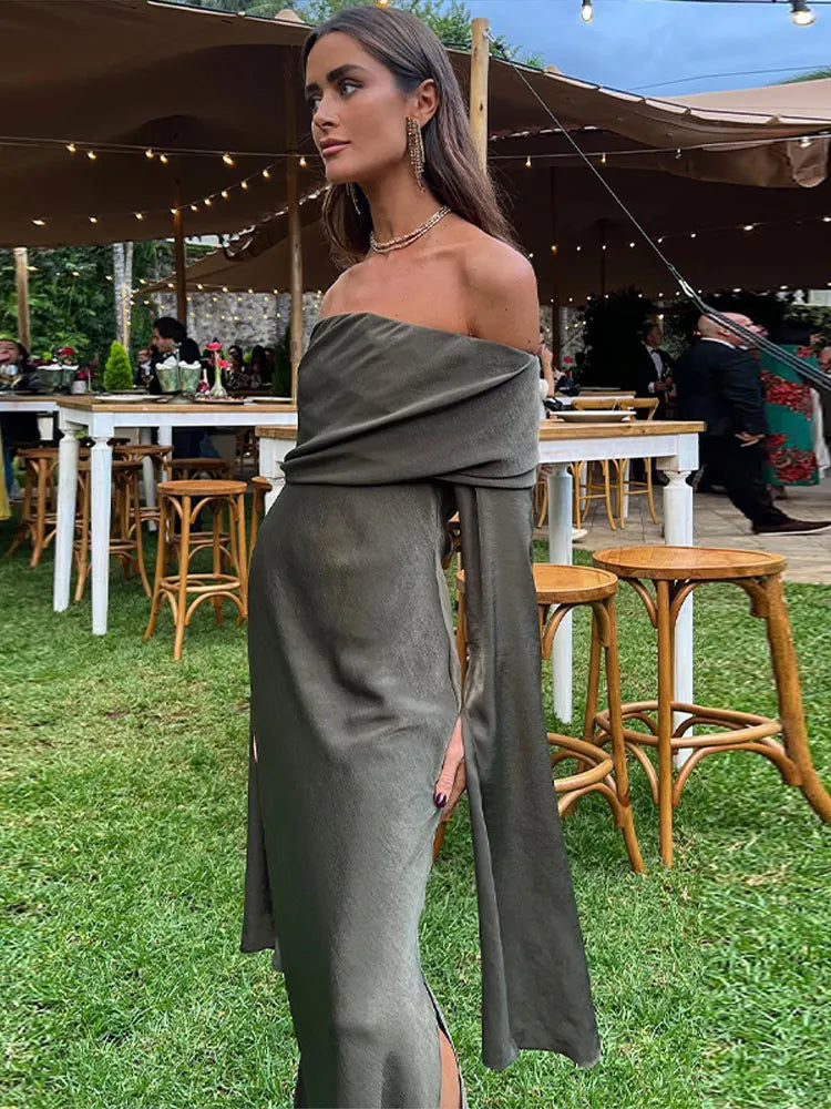 nvxiot -  Fashion Sexy Solid Off Shoulder Midi Dress For Women Elegant Chic Slash Neck Long Sleeve Dresses Female Evening Party Club Robes