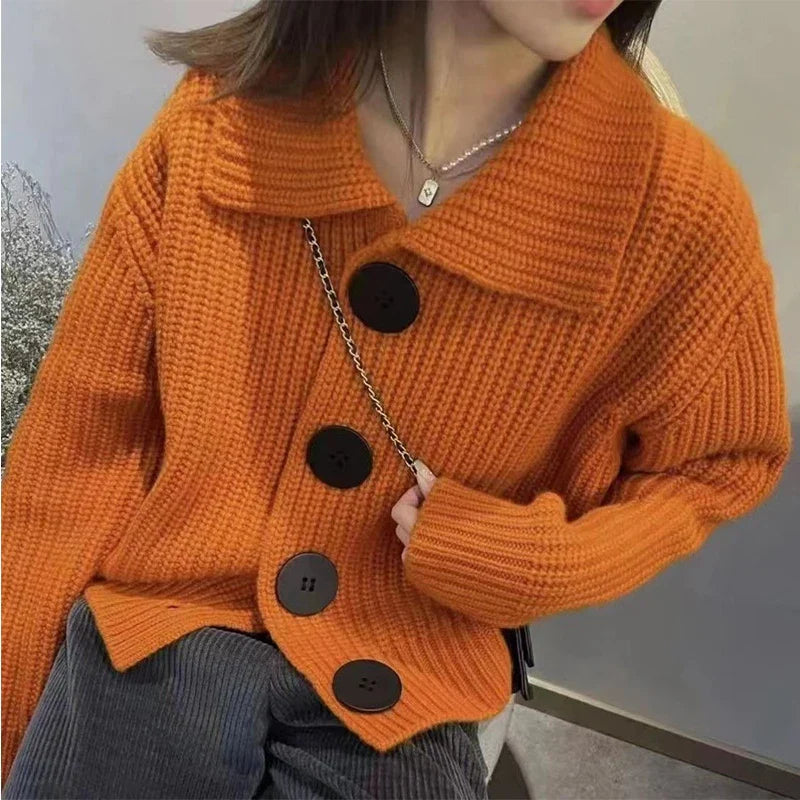 nvxiot Polo Collar Sweater for Women Knitted Cardigan Autumn Button Loose Thickened Warm Coat Top Women's Winter Warm Sweater Cardigan