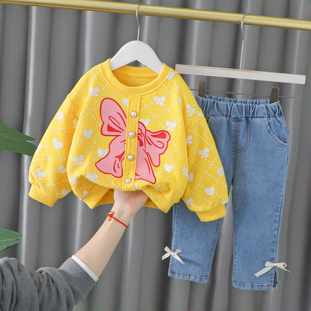 nvxiot Spring Autumn Children Baby Girl 2PCS Clothing Set Printed Butterfly Cotton Sweatshirts Jeans Pants Kids Girl Sports Suit