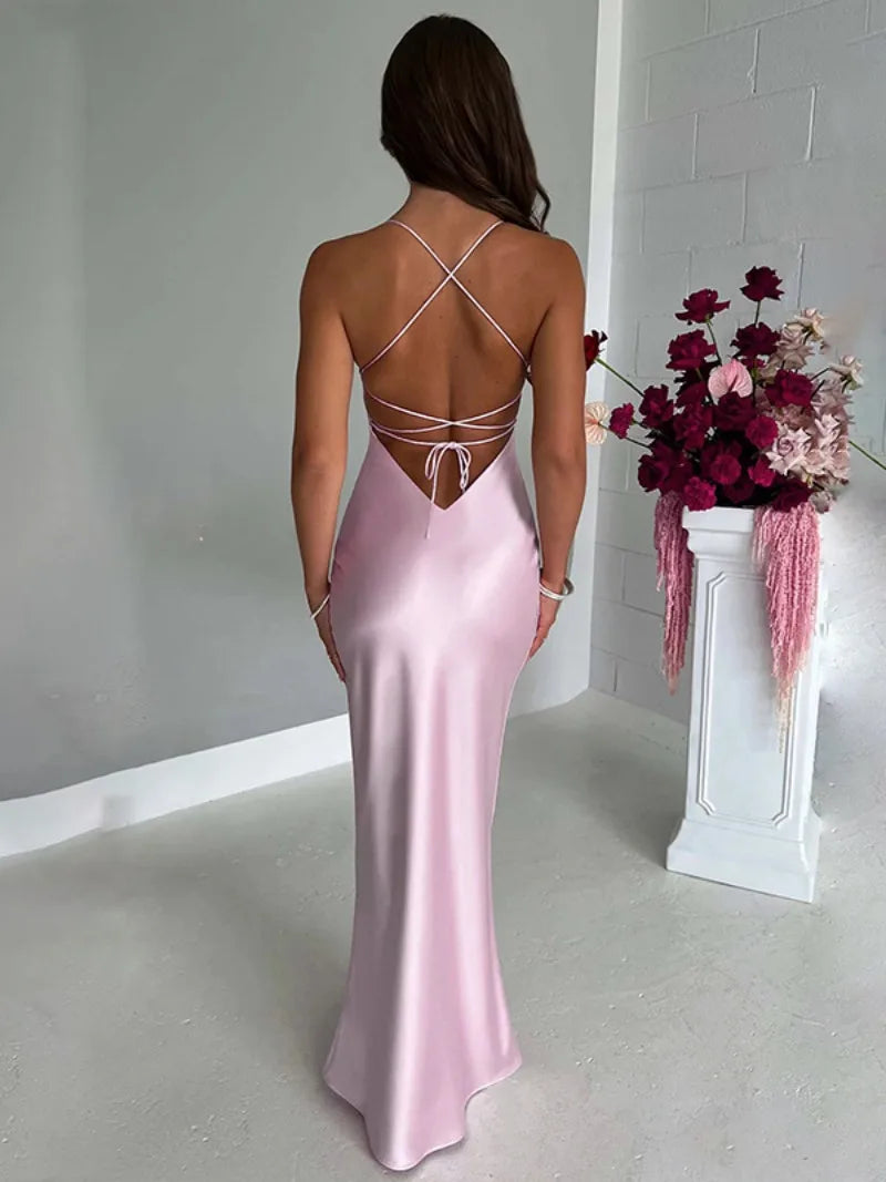 nvxiot Women's Spaghetti Strap Satin Long Dresses Elegant Sleeveless High Waist Tunics Backless Lace-up Tight Evening Party Dress Pink