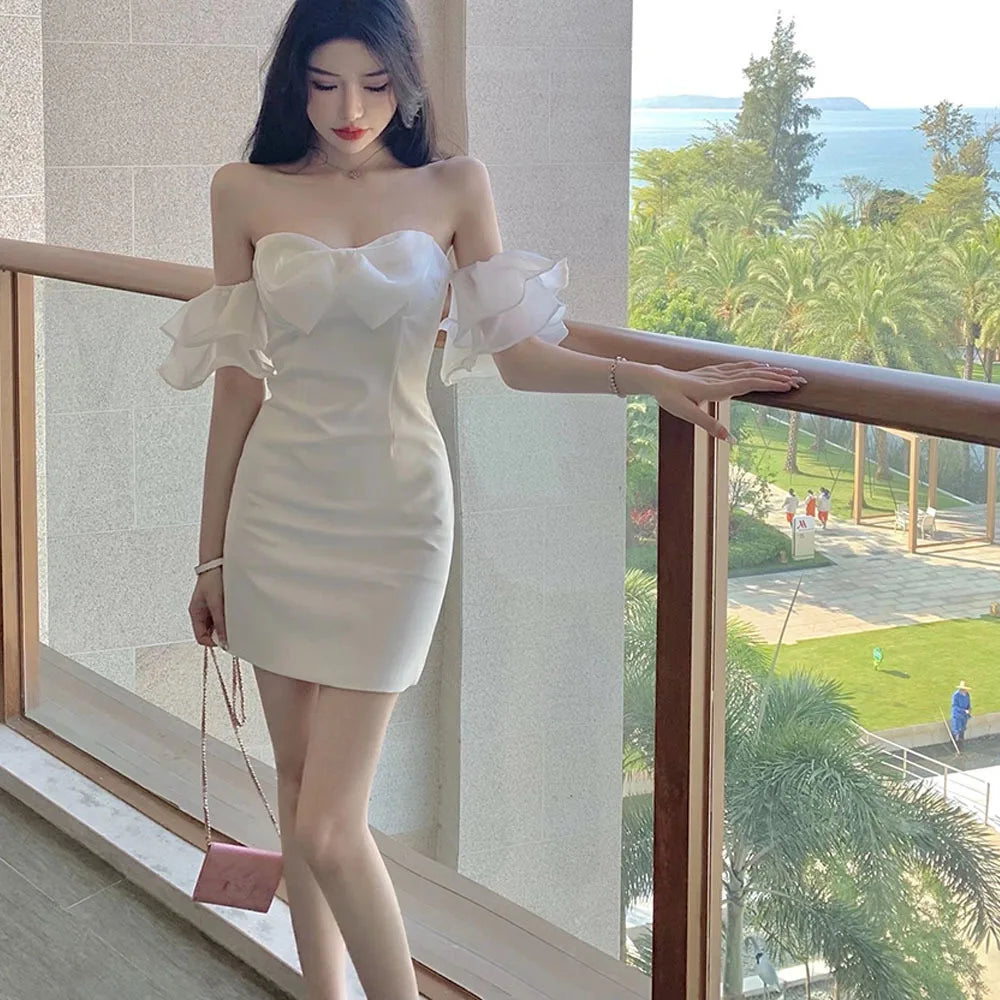 nvxiot Summer New One-word Collar Women's Dress Sexy Off Shoulder Puffy Yarn Party Dresses Bow Tube Top White Fashion Mini Dress