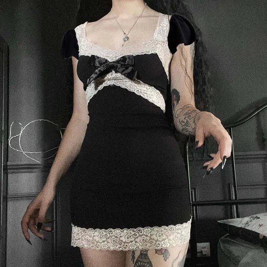 nvxiot Stylish E-girl Kawaii Bow Black Mini Dress Harajuku Grunge Backless Wrap Bodycon Y2K Dark Academia Lace Trim Dress Gothic Streetwear