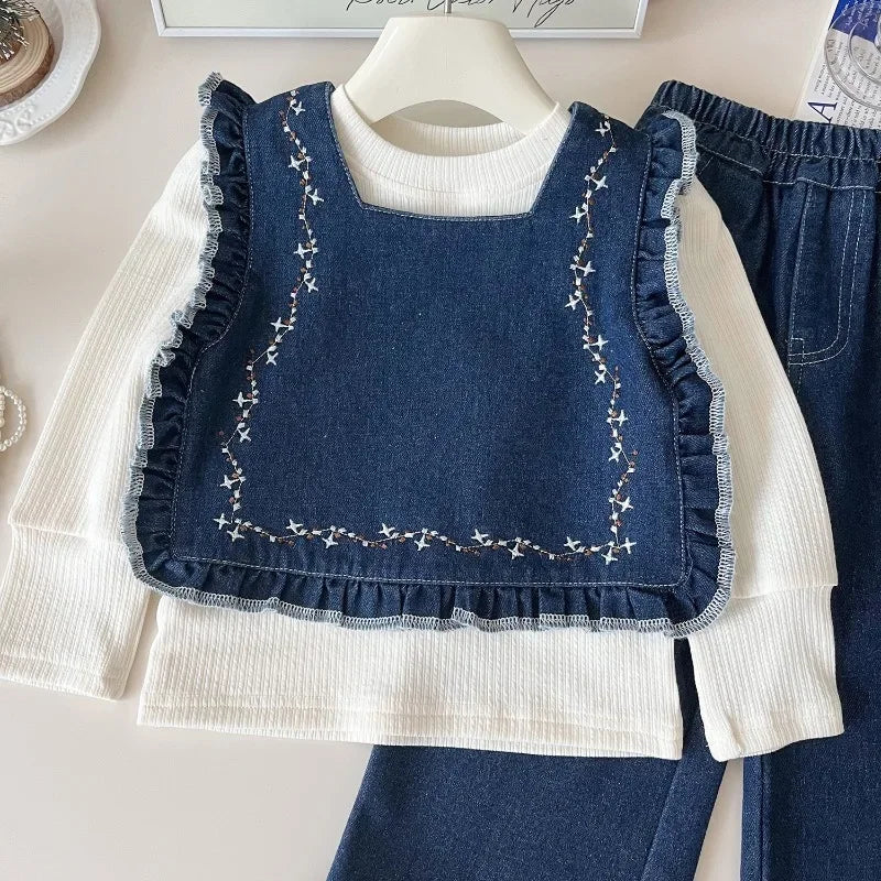 MQTIME  -  Girls Clothes Sets Autumn Spring Knitted Shirt+Denim Vest+Jeans Children Clothing Suits Fall Girls Outfits Set 2 3 4 5 6 7Yrs