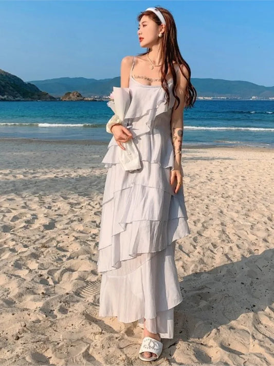 nvxiot Summer Holiday Beach Dress Vintage Women Elagant Fairy Ruffles Casual Korean Fashion New Long Dresses Robes Femme vestidos