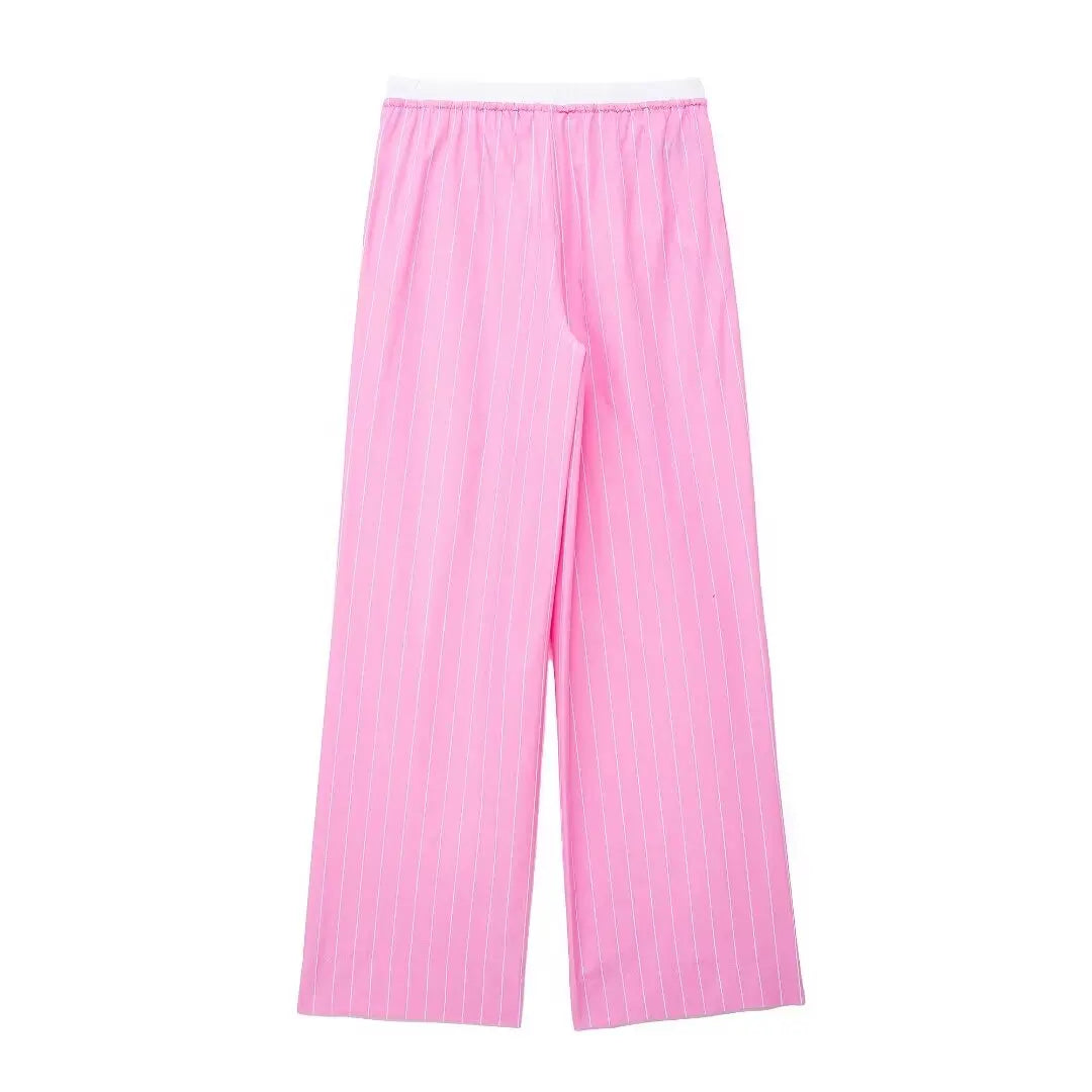 MQTIME  -   2024 Women Chic Pink Stripe High Waist Wide Leg Pants Woman Drawstring Buttons Side Pocket Slim Casual Trousers Traf