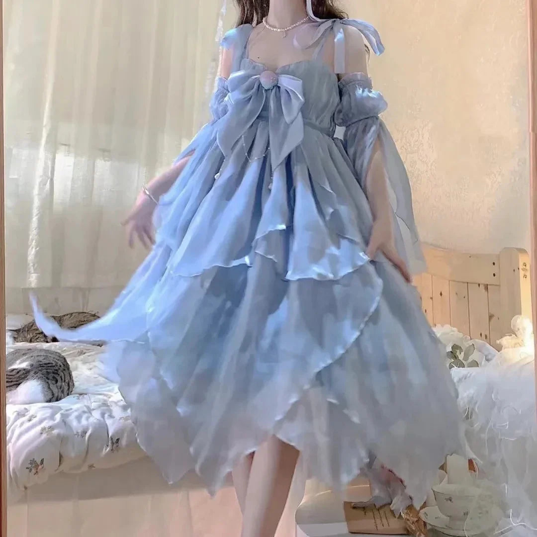 MQTIME   -  elegant sleeveless ruffle party dress women lace up solid japanese sweet lolita dress with bow vintage wedding party dress