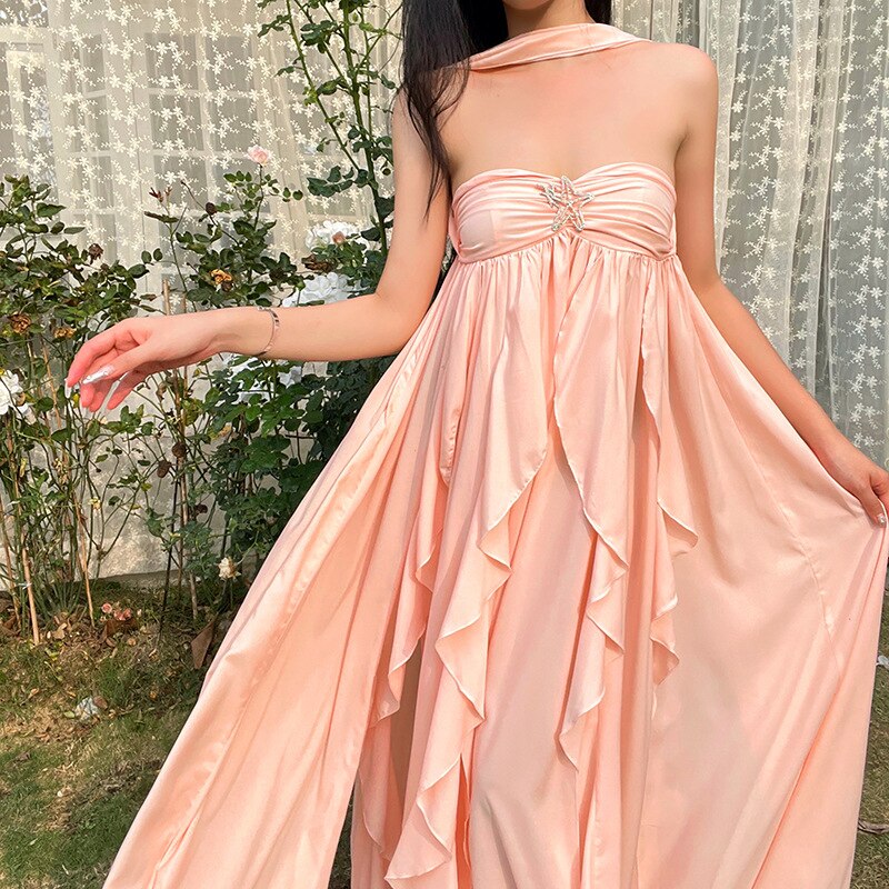 nvxiot Y2K Ruffles Fairy Dress Women Pink Mesh Strapless Maxi Dress Summer Irregular Sexy Backless Party Dress 2023 Summer Beach Outfit