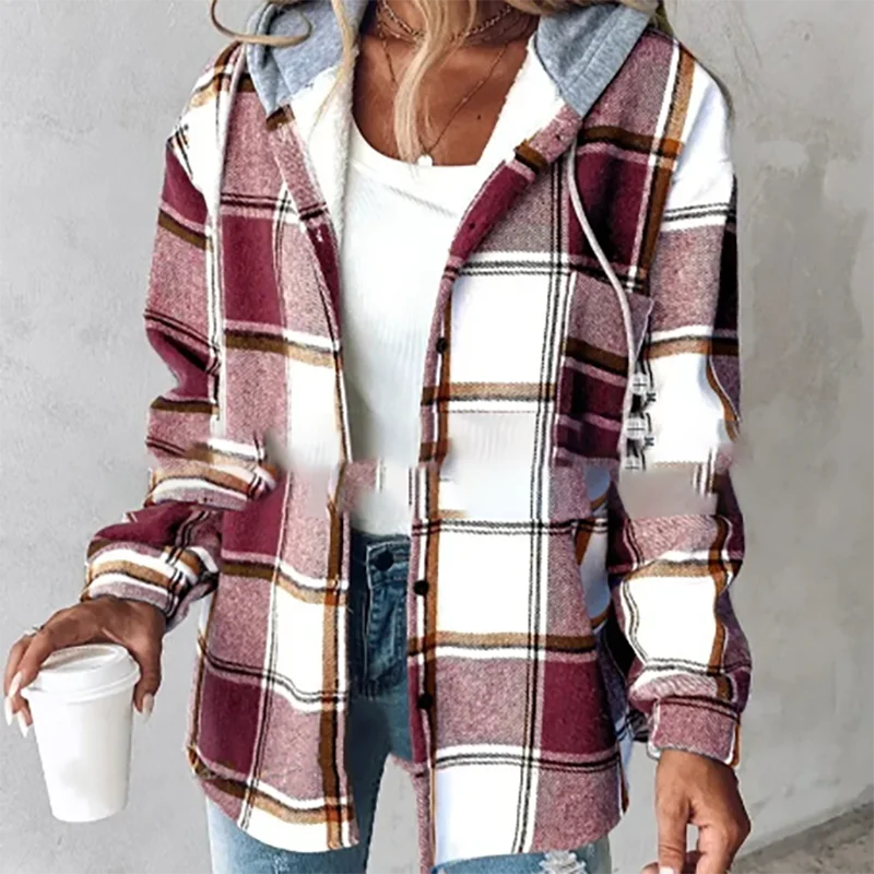 MQTIME  -  2024 Autumn Plaid Printed Women's Jacket Casual Streetwear Long Sleeved Hooded Coat Fashion Single Breasted Commuting Outerwear