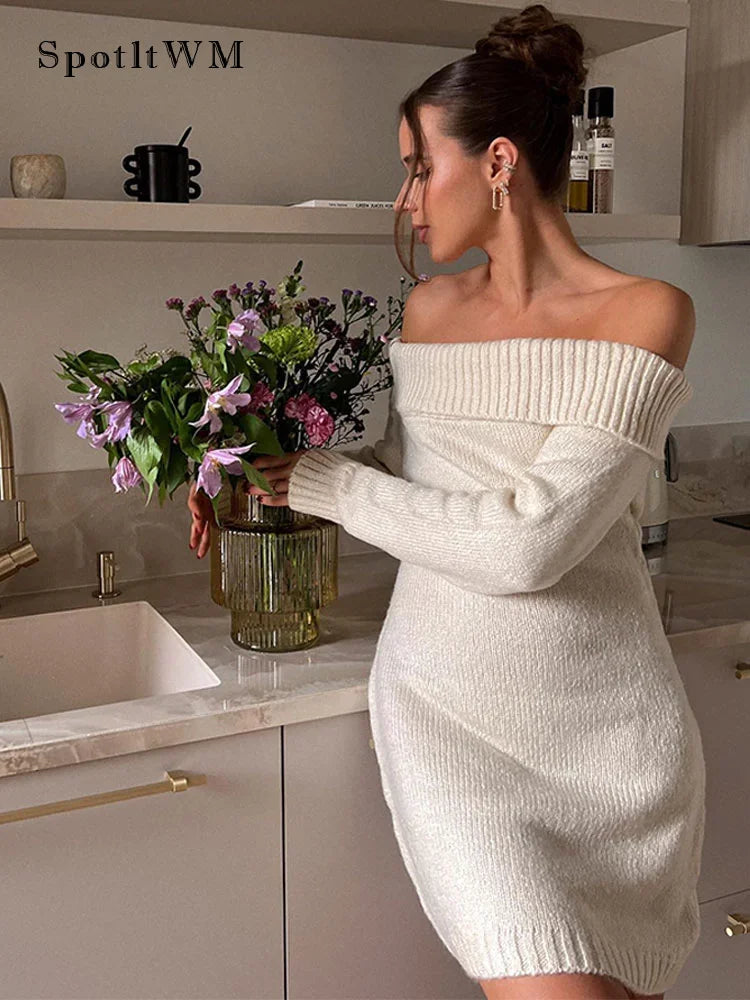 nvxiot Women Elegant Off Shoulder Slash Neck Knitted Long Sleeve Dresses Fashion Chic Solid Dress  Autumn Female Commuting Vestidos