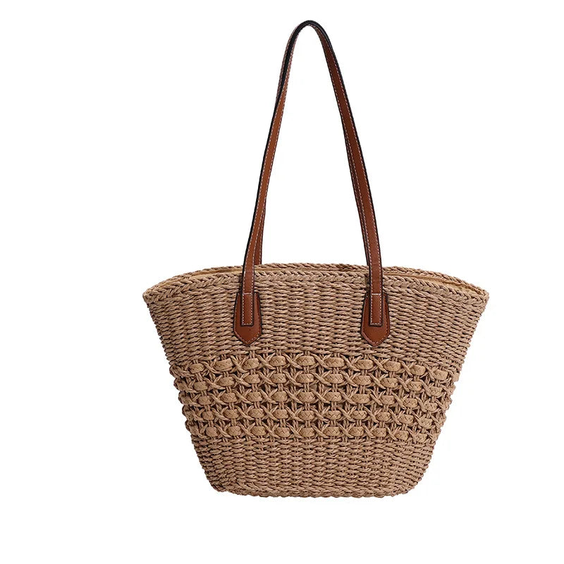 MQTIME  -   Summer Beach Large Capacity Handbags For Women Retro Beige Khaki Straw Weave Tote Bags Fashion Casual Shopping Shoulder Bag 2024