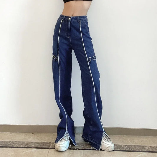 nvxiot  -  Blue Denim Trousers Women Harajuku Sexy Bandage Hollow Out Jeans Pants Patchwork Split Street Aesthetic Capris Full Length 2024