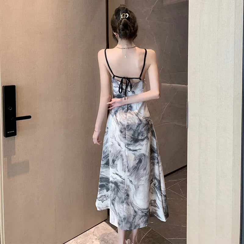 nvxiot  -  2024 Summer New Design Sensation Chinese Ink Painting New Chinese Swinging Neck Suspended Strap Open Back Style Dress Cardigan