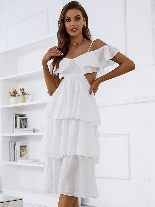 nvxiot Women Summer White Sling Cake Dress Ladies Backless High Waist Solid Color Sexy Long Dress For Fashion