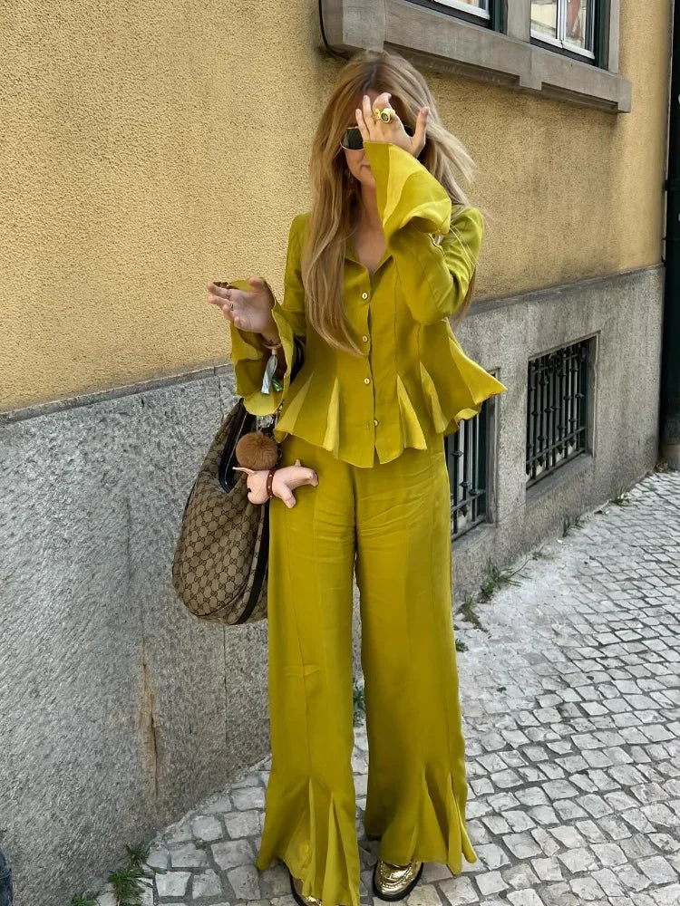 MQTIME  -  Elegant Satin Straight Flared Pants Suit Women Fashion Lapel Long Sleeves Buttons Ruffles Shirt Sets Summer Lady Street Outfits