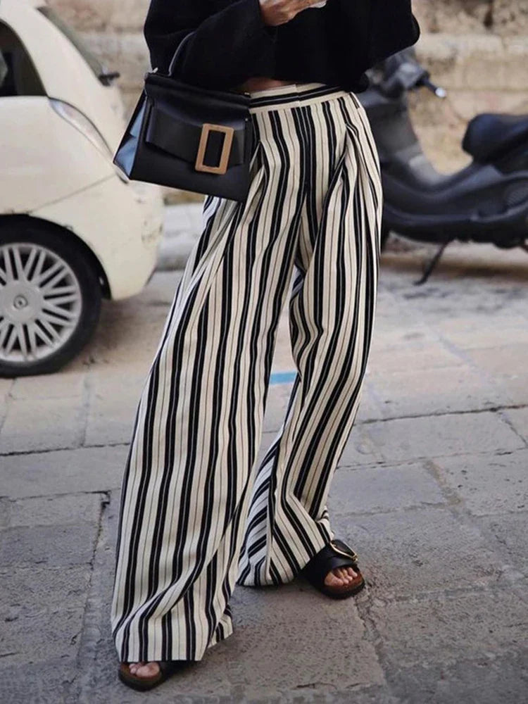 MQTIME  -   Autumn Winter Women Striped Trousers Streetwear Holiday High Waist Loose Wide Leg Flare Pants For Women