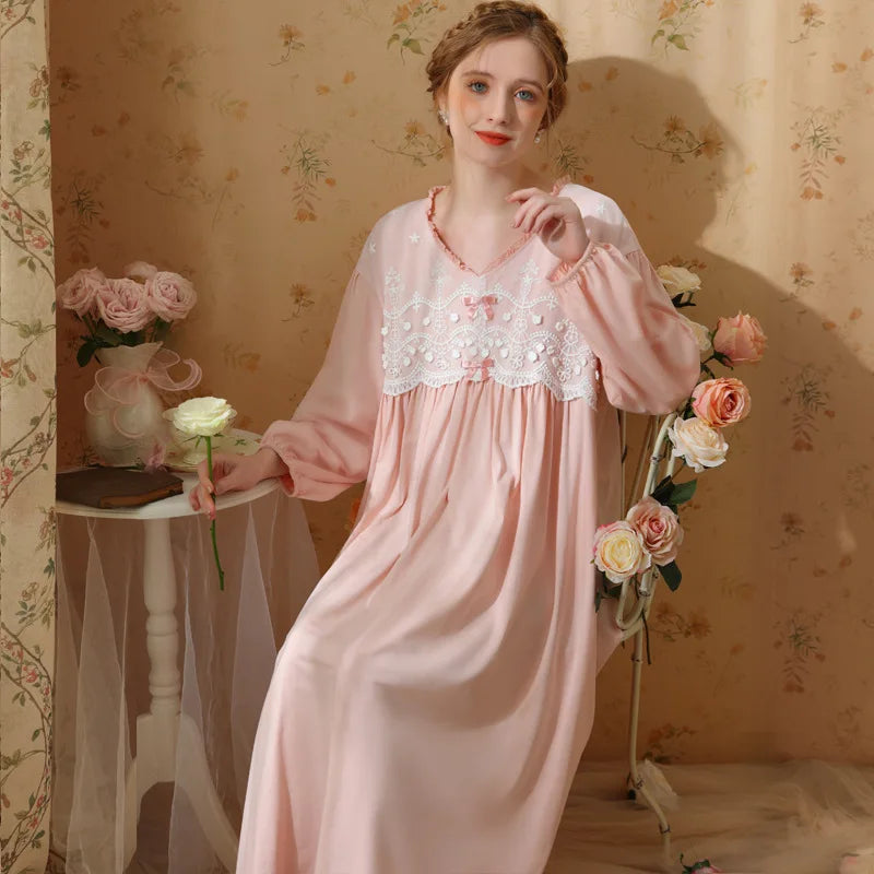 MQTIME  -  Women French Sweet Pink Cotton Nightdress V-neck Sleepwear Lingerie Long Sleeve Pajamas