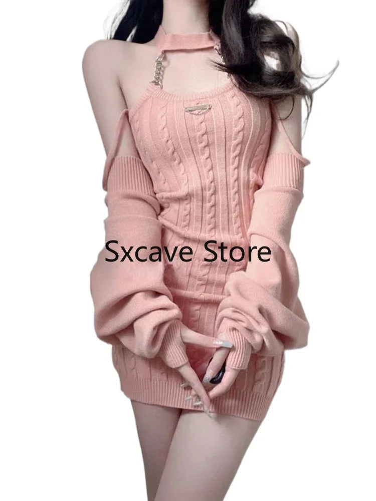 nvxiot 2024 Autumn Pink Knitted Suits Office Lady Casual Y2k Crop Tops + Mini Dress Korea Fashion Clothing Even Party 2 Piece Dress Set