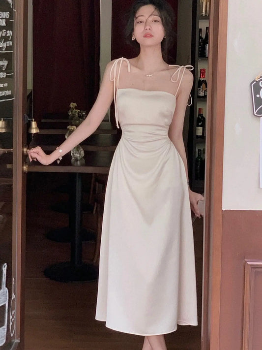 nvxiot Summer Women Spaghetti Strap Elegant Midi Satin Dresses Wedding Evening Birthday Holiday Backless Prom Clothes New