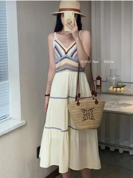 nvxiot  -  National Trend Pregnant Woman Summer Holiday Dress Sleeveless Knitted Striped Patchwork Chiffon Dress Maternity Beach Clothes