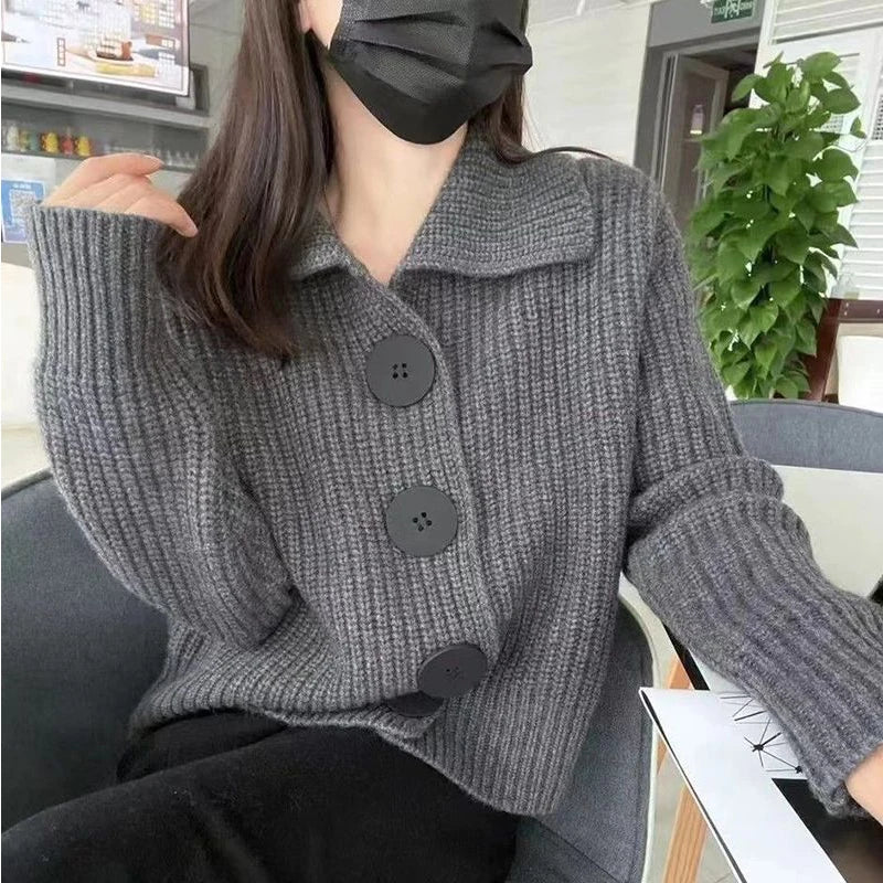 nvxiot Polo Collar Sweater for Women Knitted Cardigan Autumn Button Loose Thickened Warm Coat Top Women's Winter Warm Sweater Cardigan