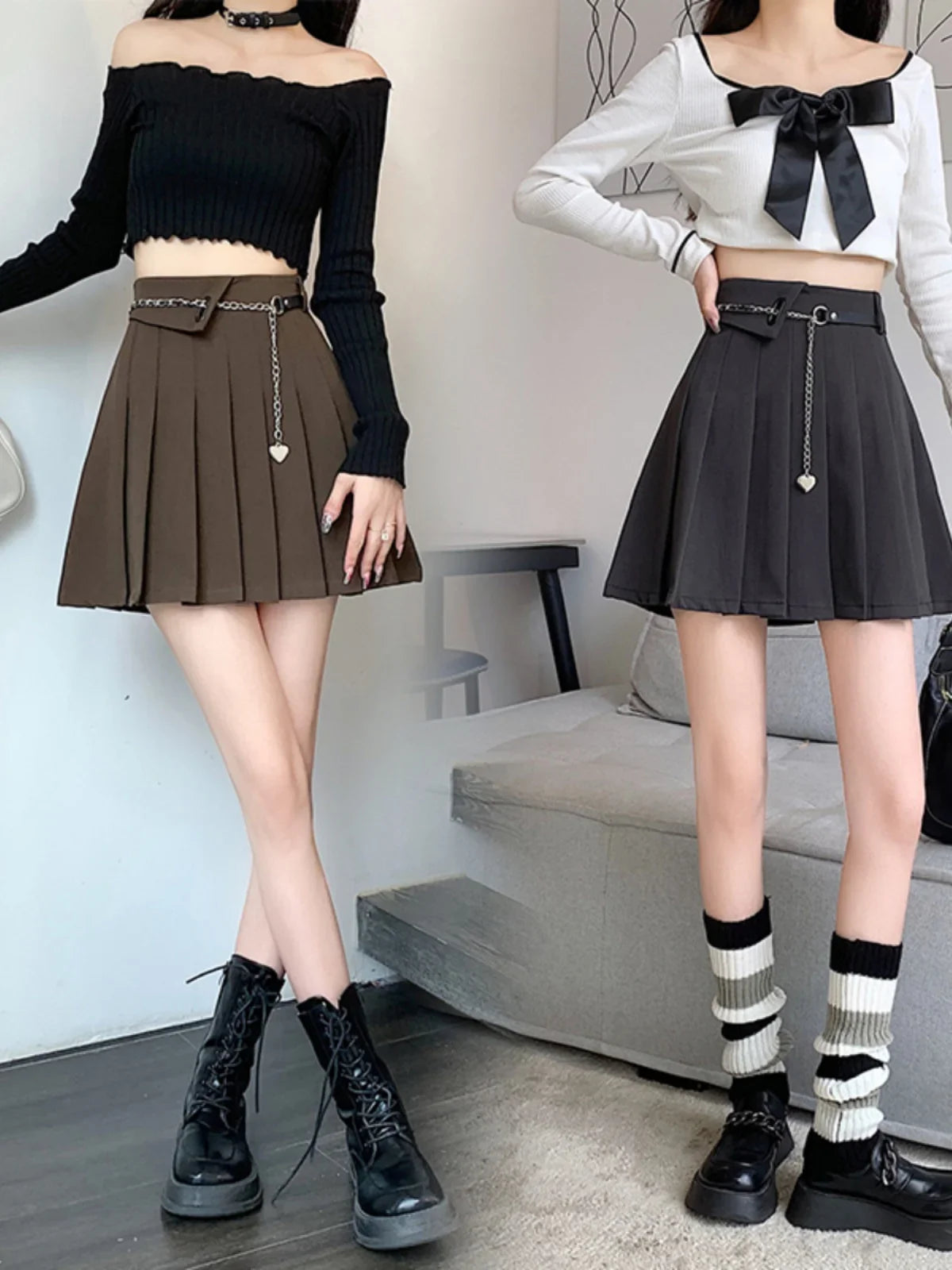 nvxiot  -  Black pleated skirt for women's Spring and Autumn 2024 new design with a chain A-line skirt, high waisted short skirt