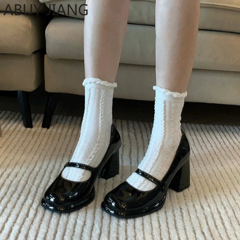 MQTIME  - Spring Square Head High Heels Women French Black Shallow Mouth One Buckle Shoes Thick Heeled Single Shoes Mary Jane Women Shoes