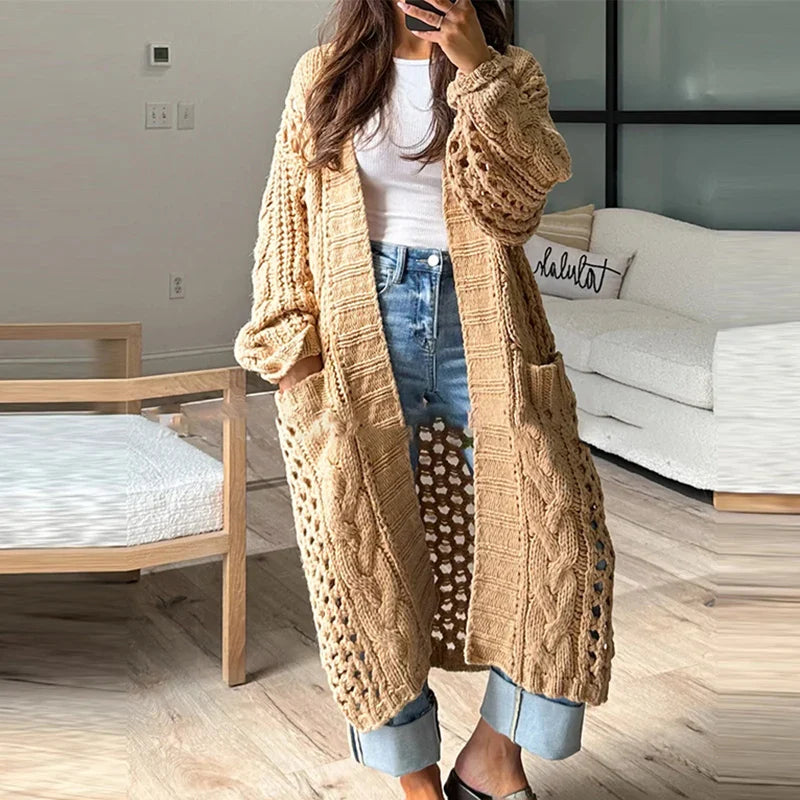 MQTIME  -  2024 Casual Solid Color Pocket Coat Ladies Elegant V Neck Hollow Knitted Cardigan Autumn Winter Thick Warm Loose Sweater Outwear