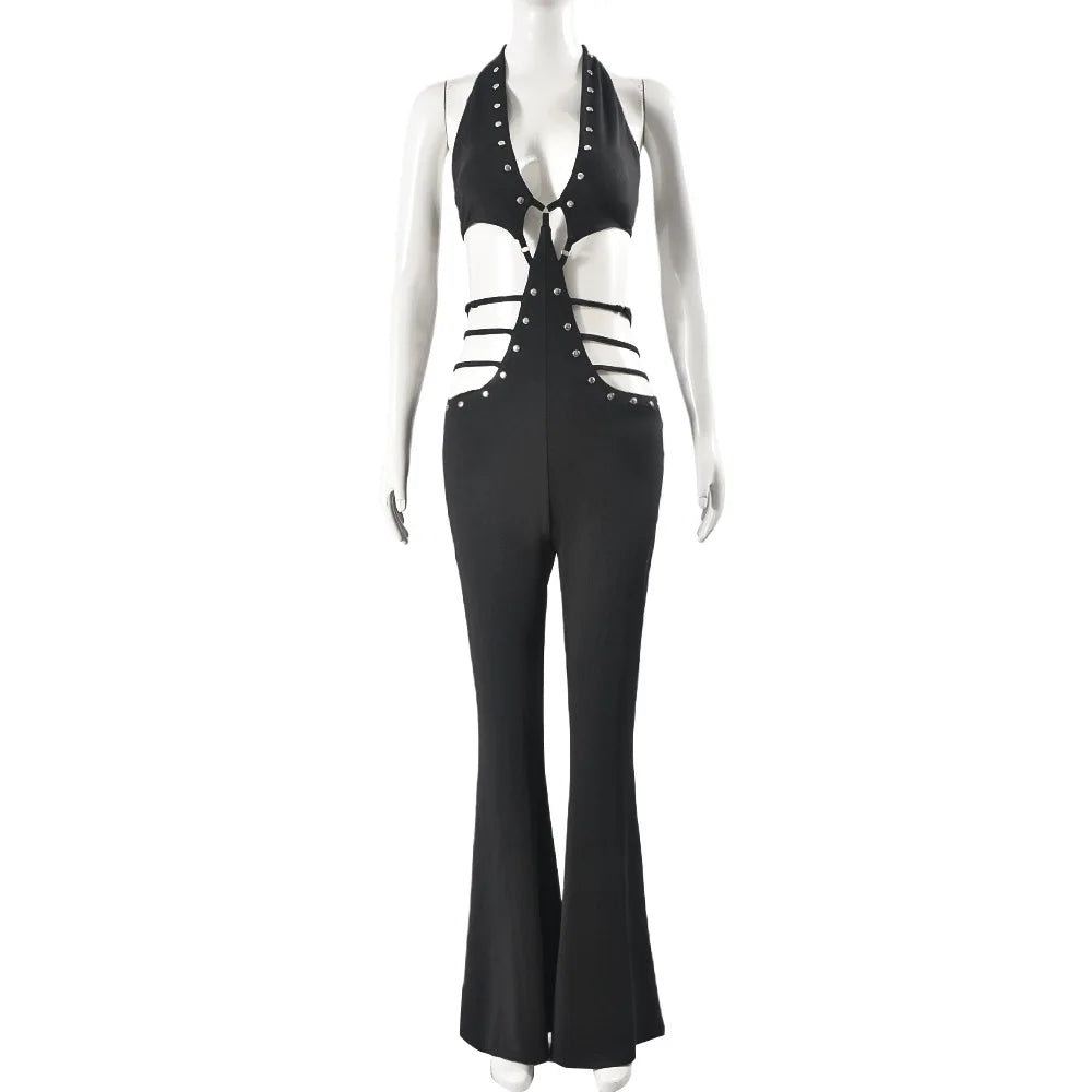 nvxiot  - Y2K Rivets Bandage Halter Flare Jumpsuits Women Summer Sexy Deep V-neck Hollow Out Sleeveless Backless Slim Streetwear Rompers