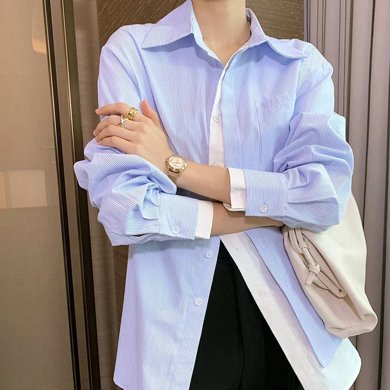 MQTIME  -  Women Plus Size Vintage Casual Long Sleeve T-Shirt 2024 New Fake 2 Pics Patchwork Stripe Spring Tops White Blue Solid Streetwear