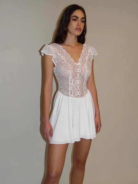 nvxiot-Sexy Elegant Lace Splice See Through Folds Dress For Women V Neck Short Sleeve Mini White Bodycon Dresses Party Putfits